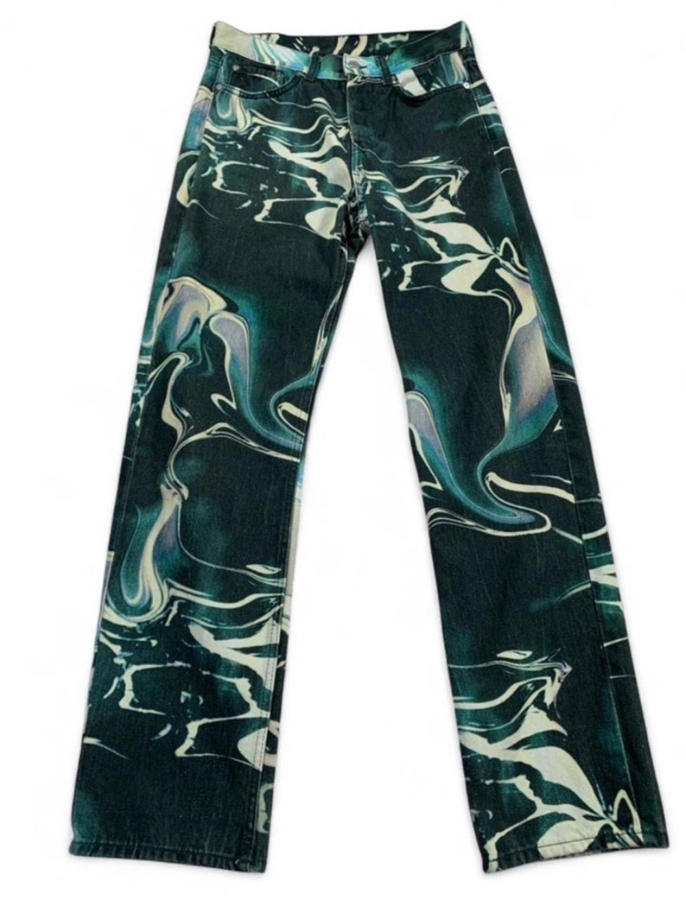 Weekday Green ‘Space Melt’ Marble-Print Wide Leg Button Fly Jeans Unisex 27